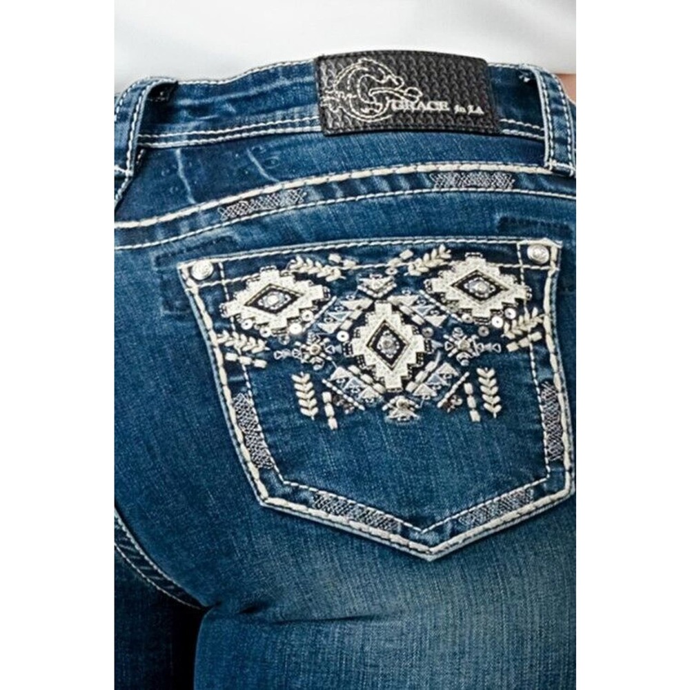 Grace in LA Women's Aztec Diamond Embroidered Stonewashed Bootcut Stretch Jeans